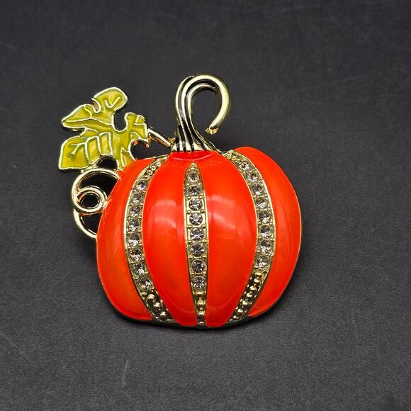 Orange Enamel Pumpkin Brooch with Rhinestone Details Autumn Fall Thanksgiving - Picture 1 of 9